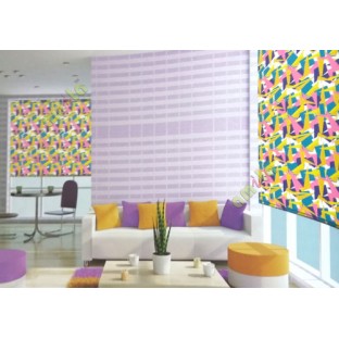 Yellow blue green white color abstract designs different shapes bold color shapes roller blind